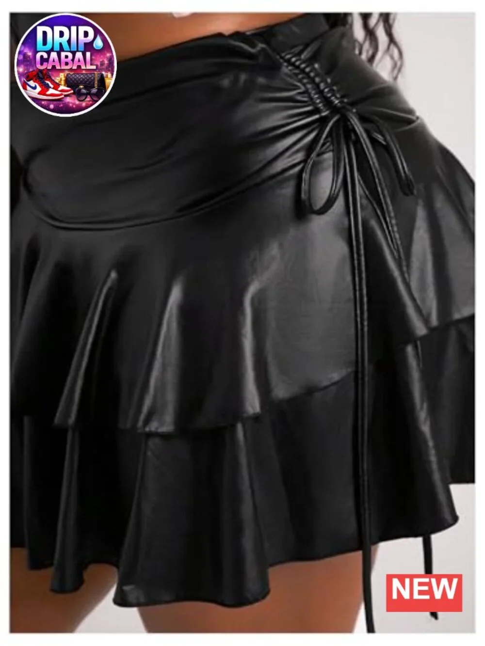 Plus Size PU Leather Ruffle Mini Skirt High Waisted Flare